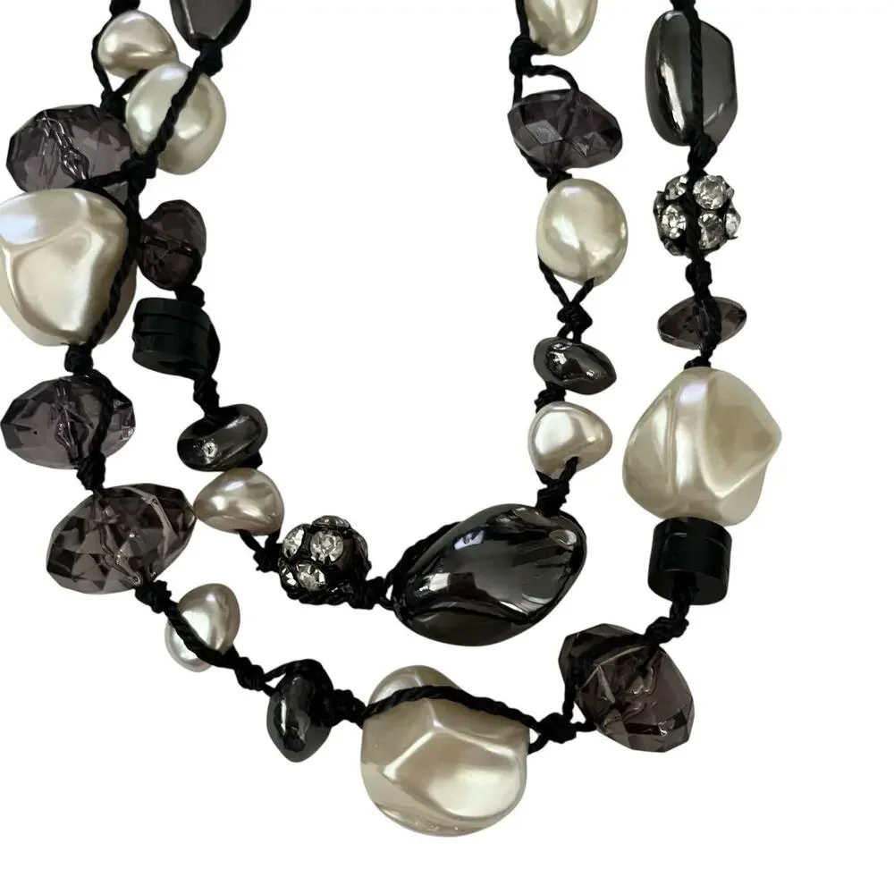 Chico’s Necklace Faux White Gray Pearls Gunmetal Rhinestones Chunky 16